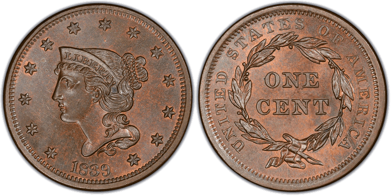Braided Hair Coronet Head Cents 1839-1857 series coin
